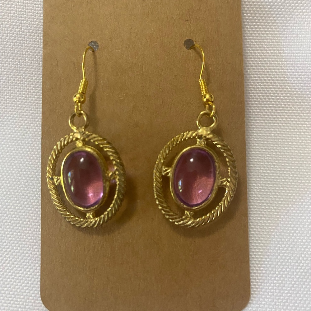 Gold and Purple Oval Drop Earrings